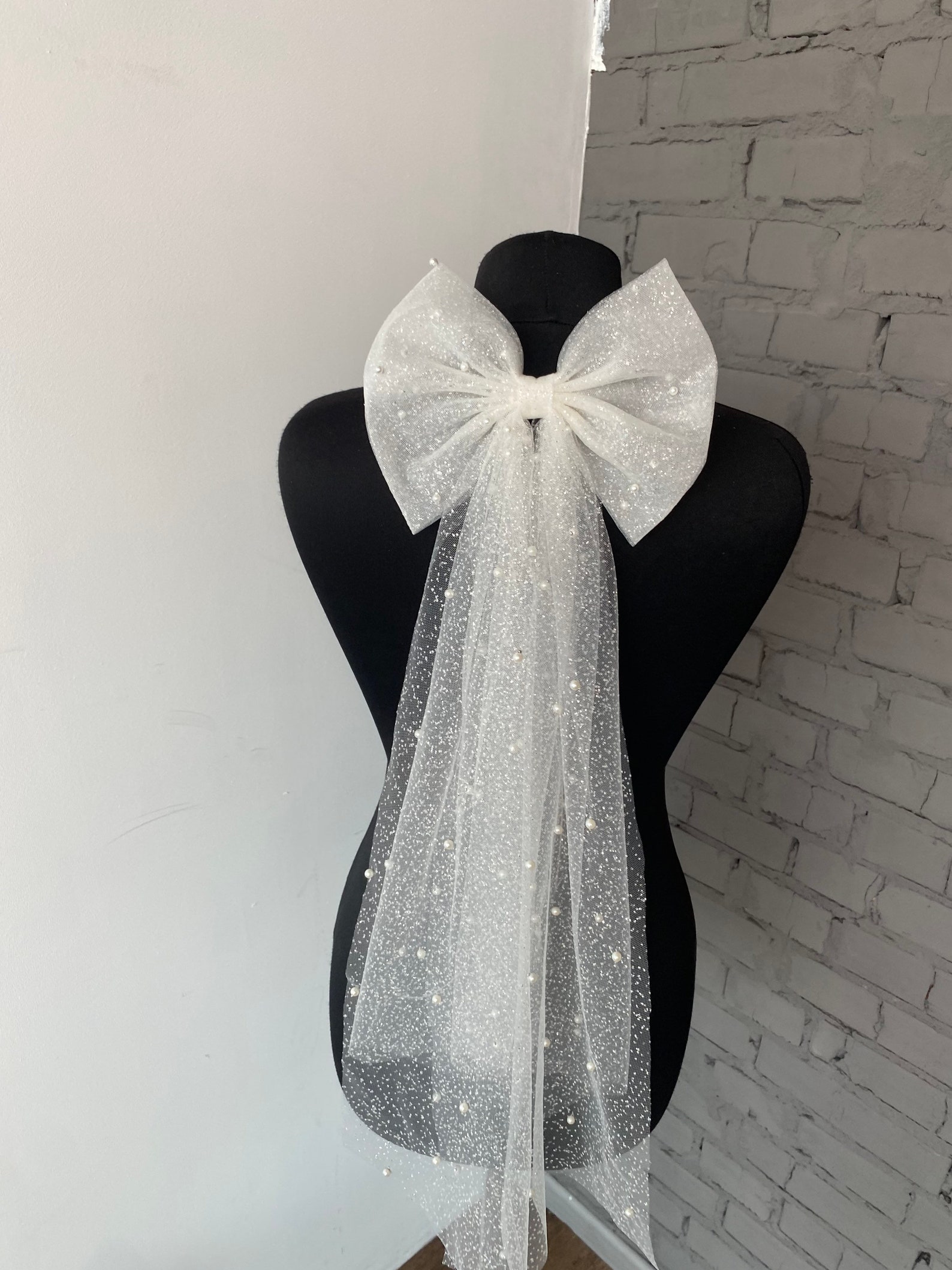 Veil Hair Bow Pearl Veil Glitter Veil Bow Bridal Bow Tulle Etsy