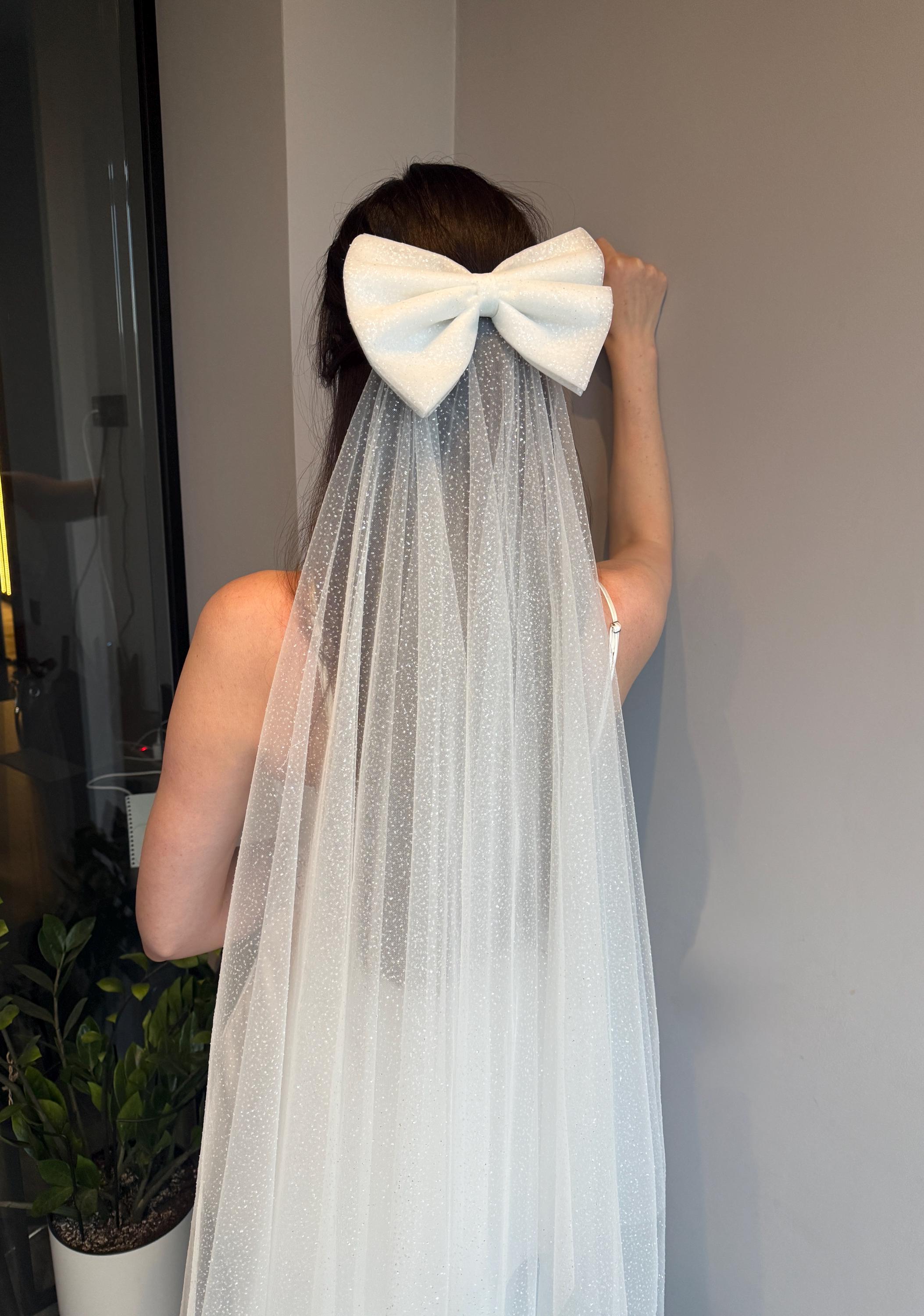 Glitter Wedding Veil With Bow, Short Bridal Veil, Ivory - Etsy