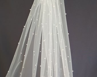 Pearl bridal veil scattered pearl wedding veil pearl veil ivory fingertip veil modern cathedral long veil tulle veil simple veil chapel veil