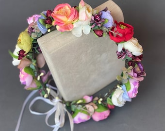 Blush Floral Crown, Wedding Headpiece with Ribbon