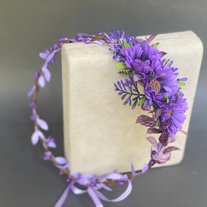 Purple flower crown wedding floral headband flower girl crown bridal flower crown adult bridesmaid headpiece wedding hair wreath leaf crown
