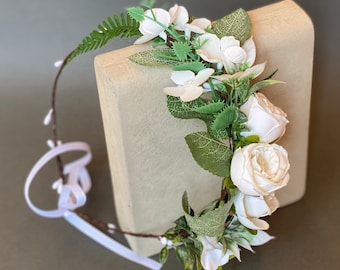 White Flower Crown: Bridal Floral Headband with Ribbon Tie