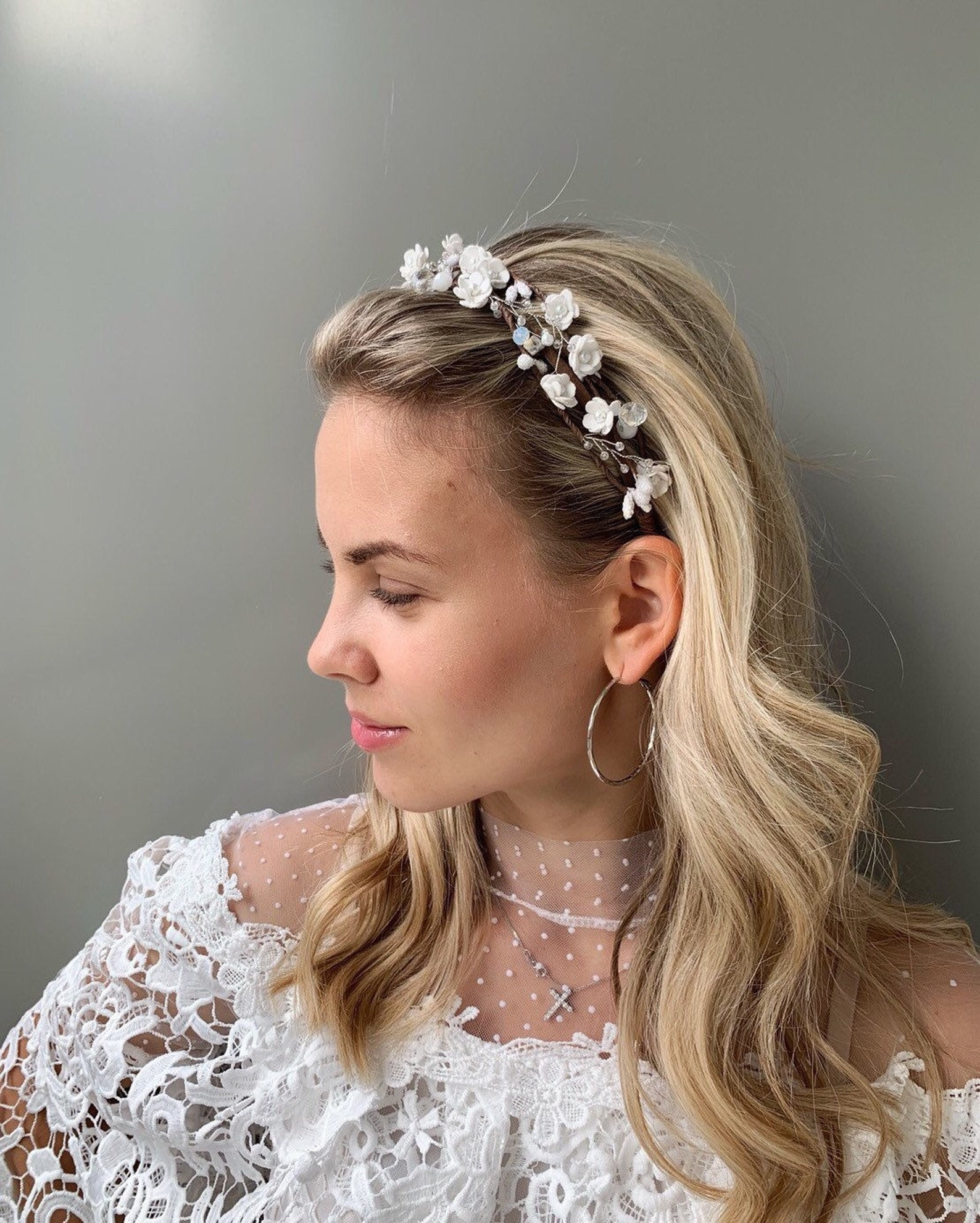 White flower headband adult floral head pice wedding wreath Etsy