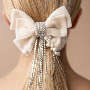 Braut Haarschleife Hochzeit Haarschleife ivory Perlenschleife Brautschleife Haarschmuck verziert Samtschleife Schleife Schleife Kristall für Frauen