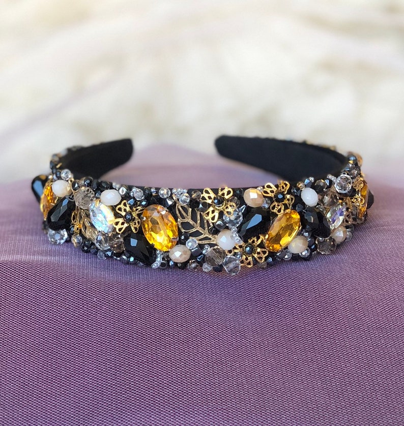 Black gold headband jeweled crown baroque headpiece bridal beaded headband dolce gotic wedding tiara crystal rhinestone headband women adult