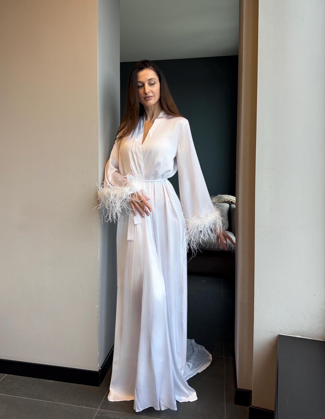 White Bride Robe Bride Robe With Feather White Boudoir Robe Ivory Long Silk Robe Bridal ...