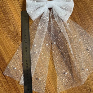 Bridal Hair Bow: Glitter Tulle, Pearl Veil, Wedding Barrette image 3