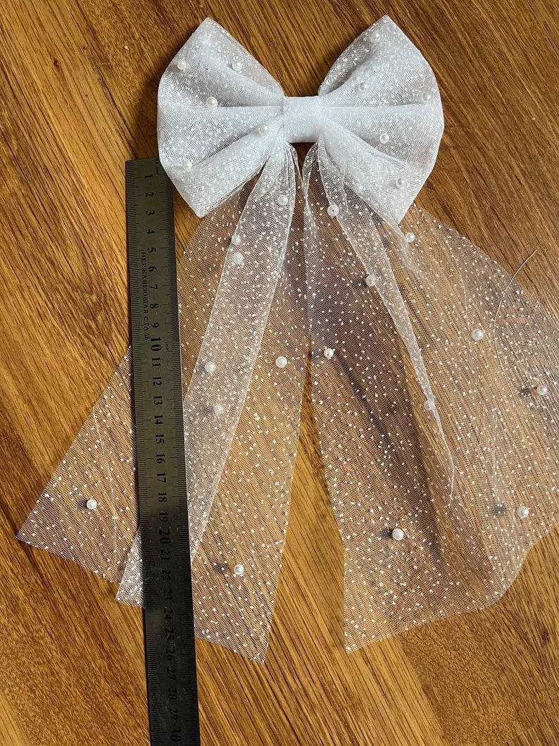 Bridal Hair Bow: Glitter Tulle, Pearl Veil, Wedding Barrette image 3