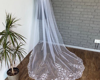 Veil lace edge bridal veil 1tier veil tulle lace veil wedding cathedral long veil royal flower chapel length fingertip leaves veil wedding