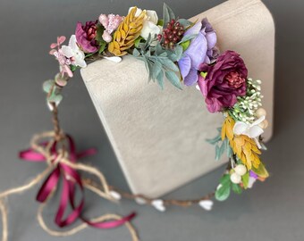 Corona floral burdeos para bodas, diadema para niña de las flores