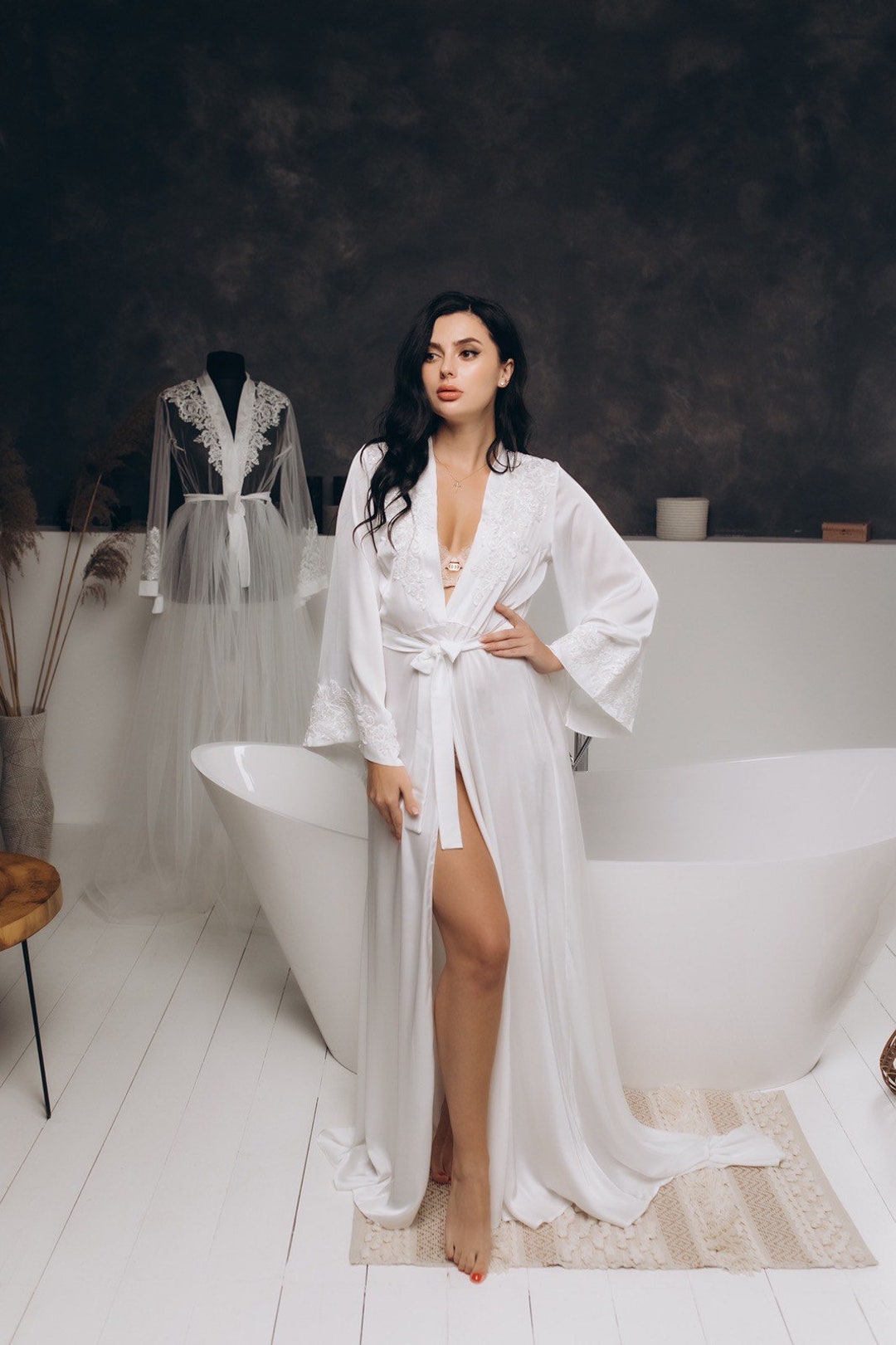 Bridal Robe With Sleeves Bride Robe Long Ivory Robe With Train Robe ...