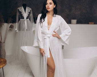 Bridal robe with sleeves bride robe long ivory robe with train robe satin silk boudoir classic robe wedding dressing gown bridesmaid gift