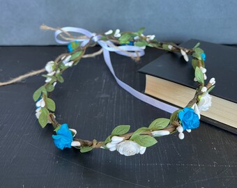 White flower crown adult blue flower girl crown halo flower crown wedding flower crown flower girl headband flower headpiece hair wreath