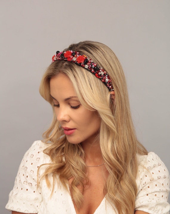 Beaded Black Red Headband Baroque Beaded Headband Red Tiara  display picture 3