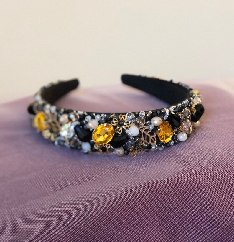 Black gold headband jeweled crown baroque headpiece bridal beaded headband dolce gotic wedding tiara crystal rhinestone headband women adult