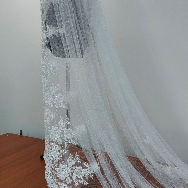 Glitter wedding veil lace veil glitter bridal veil sparkle veil tulle with glitter one tier veil lace edge veil cathedral long veil sequins