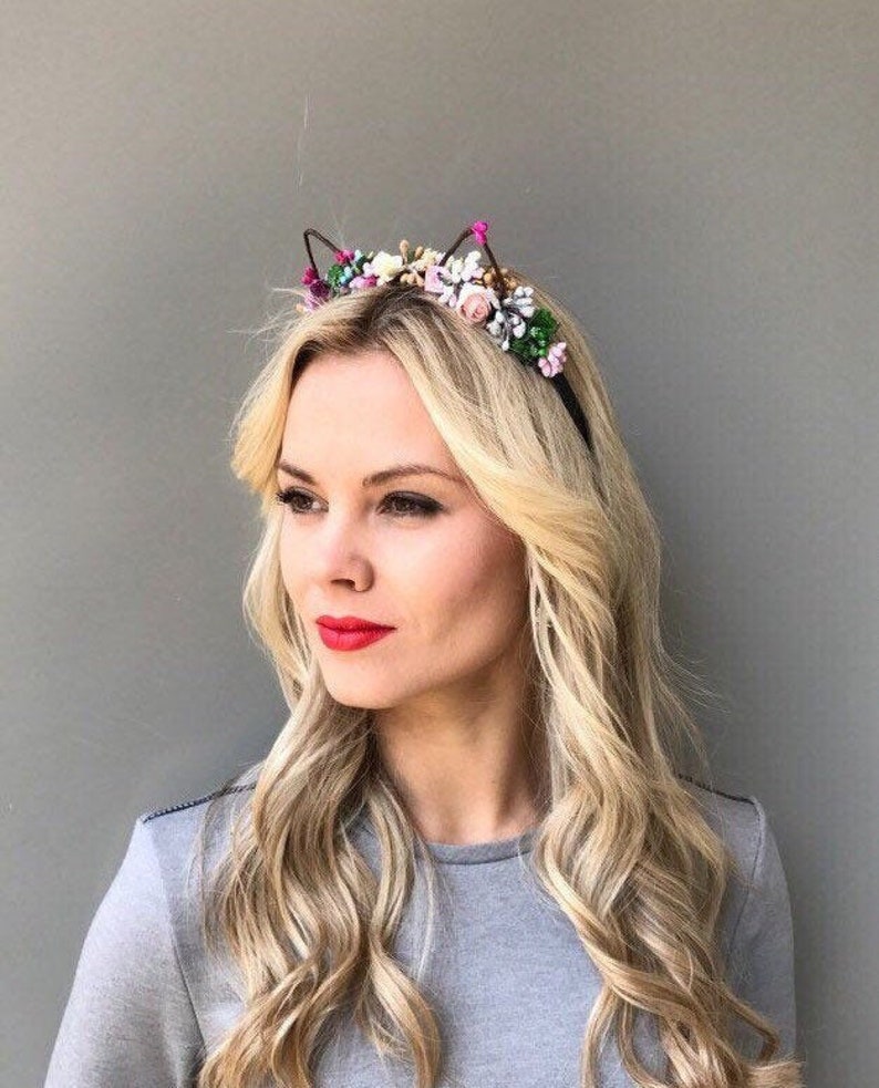 Cat Ears Head Band Cat Ear Headband Floral Cat Ears Bridesmaid Etsy