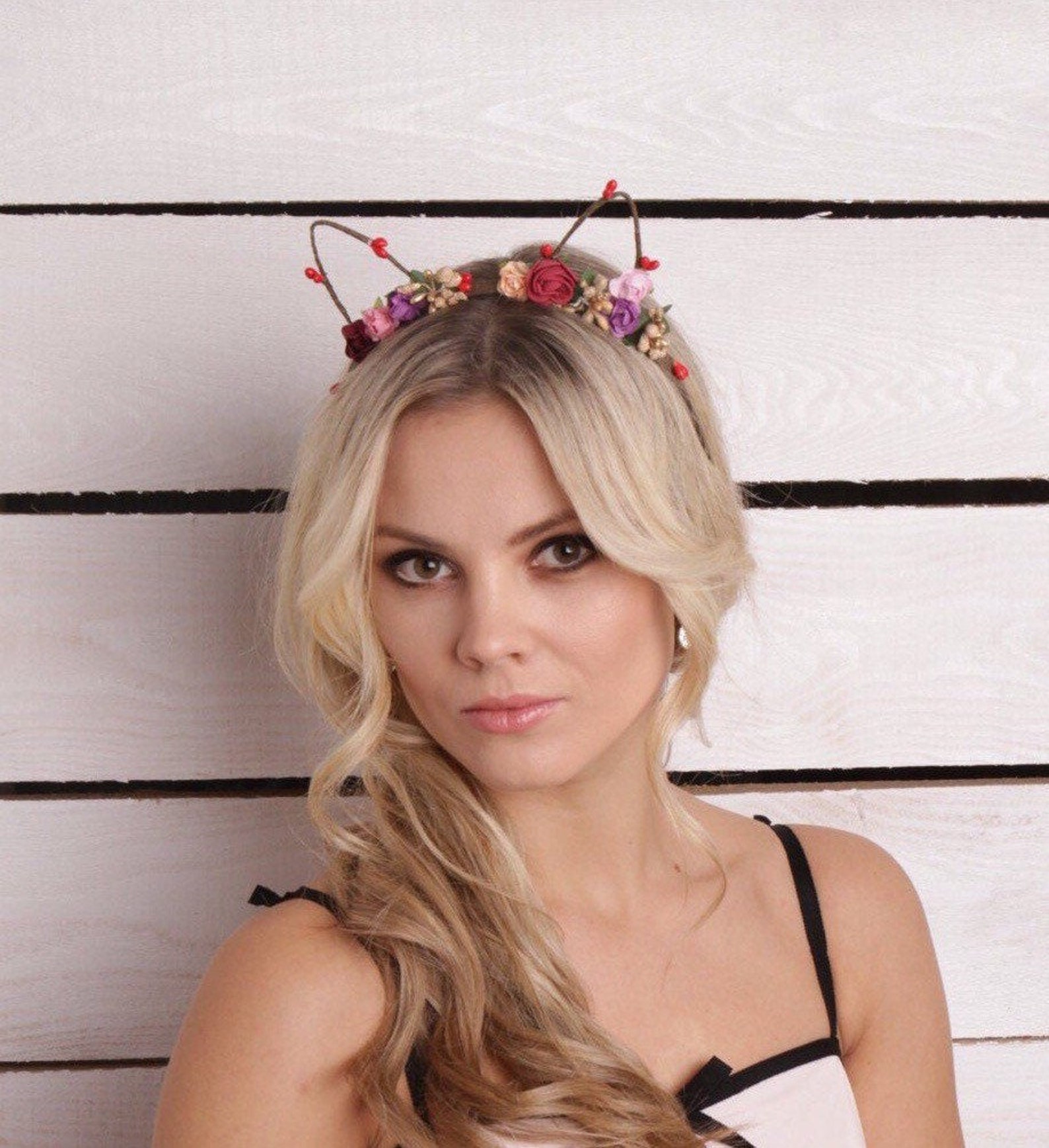 Cat Ears Crown Floral Cat Ear Headband Kitty Ears Flowers Cat Etsy