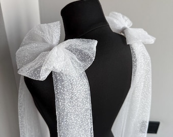 Glitter Bow Shoulder Veil - Bridal Tulle Wings, Wedding Dress Sleeves (Set of 2)