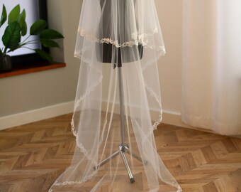 Velo de novia borde de encaje velo de boda velo de boda velo de hoja de borde de hoja velo de catedral velo de capilla de capilla para velo de boda velo largo yema del dedo