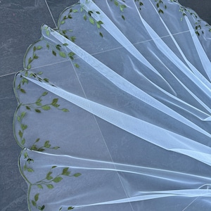 Veil green embroidery veil wedding veil lace veil leaf veil cathedral wedding leaf veil bridal veil chapel length veil 1 tier floor veil