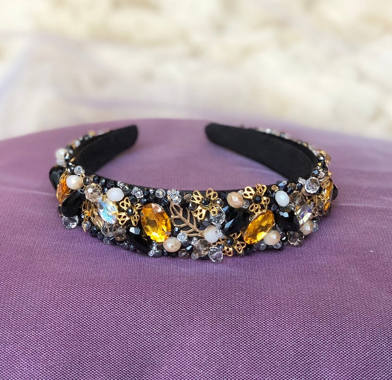 Black gold headband jeweled crown baroque headpiece bridal beaded headband dolce gotic wedding tiara crystal rhinestone headband women adult