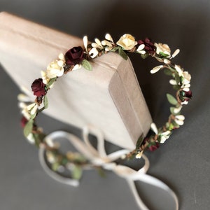 Ivory burgundy flower crown wedding headband floral accessories wedding hair piece bridal headpiece bridesmaid floral wreath flower girl