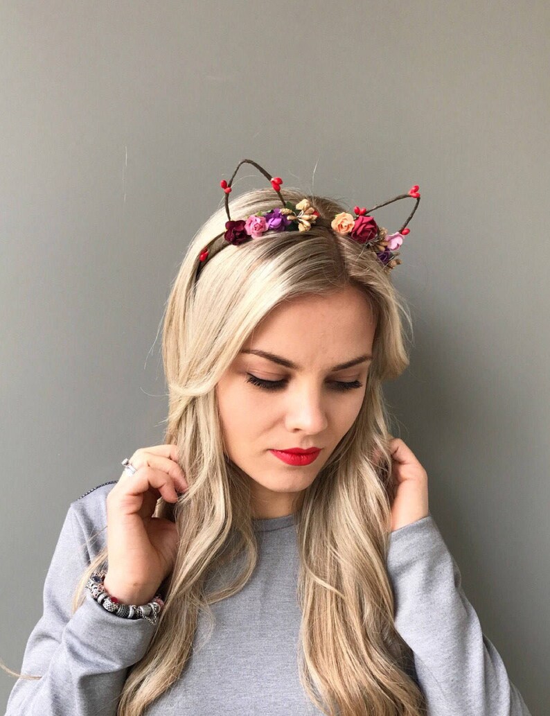 Cat Ears Crown Floral Cat Ear Headband Kitty Ears Flowers Cat Etsy