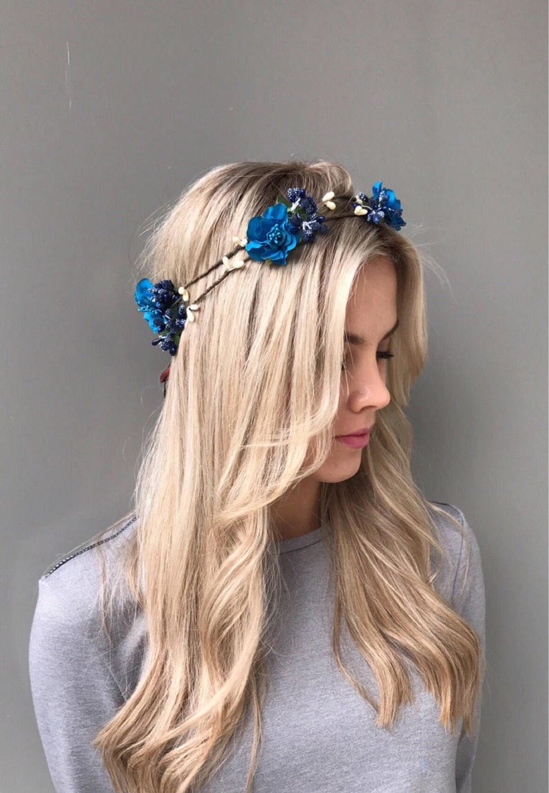 Blue Flower Crown Double headpiece Woodland crown head wreath Wedding Hair Piece Floral Headpiece rustic wedding crown halo floral headband