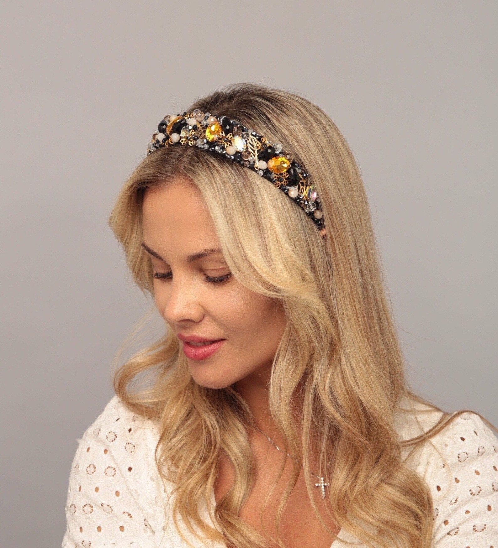 Black Gold Headband Jeweled Crown Baroque Headpiece Bridal Etsy