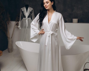 Bridal robe with train bride robe long robe silk boudoir robe dressing gown bridesmaid gift silk robe wedding robe with cuffs party robes