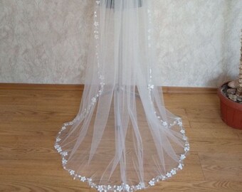 Wedding veil ivory flower glitter bridal veil sparkle floral veil 3d one tier veil cathedral veil long veil fingertip veil leaf veil ivory