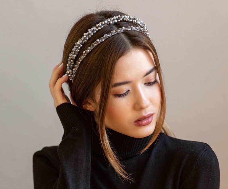 Jeweled headband for women black tiara wedding hair Etsy