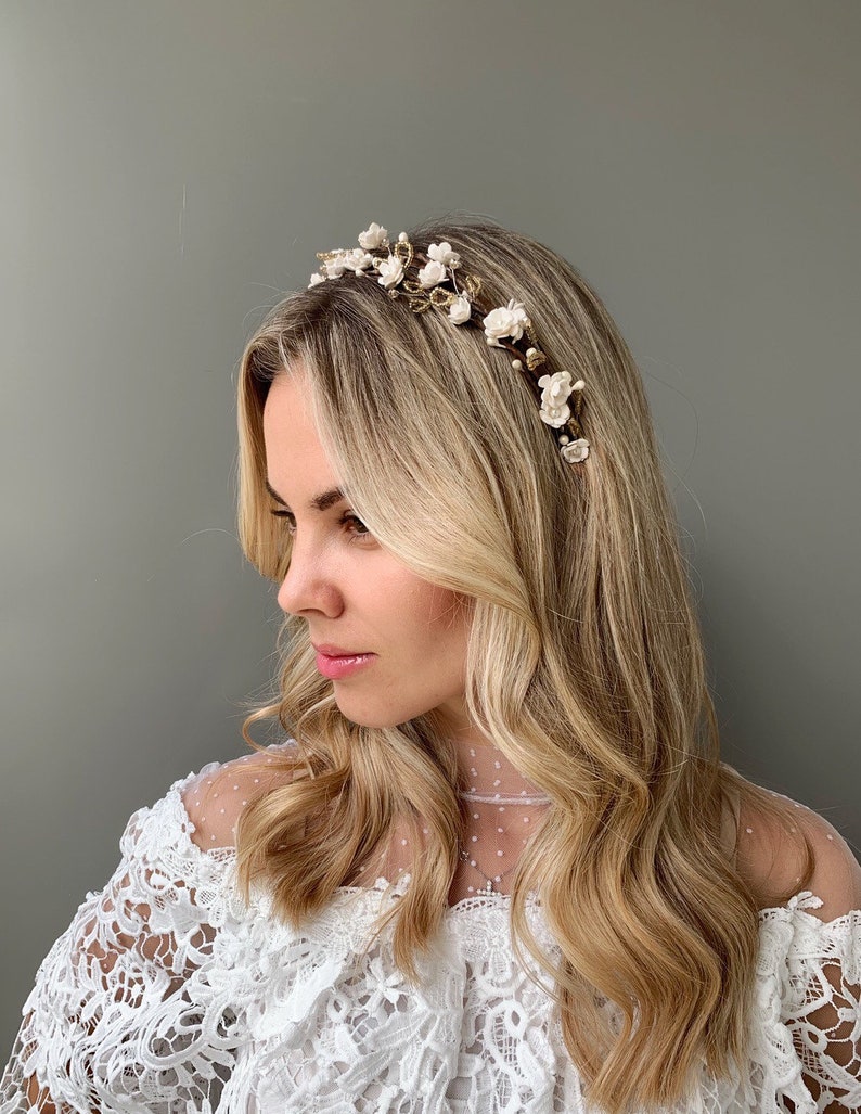 White flower headband adult floral head pice wedding wreath | Etsy