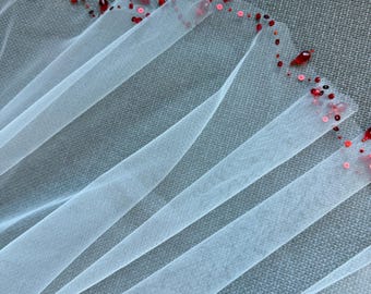 Red Beaded Cathedral Wedding Veil, Embroidered Bridal Veil