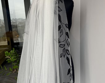 Velo de novia negro bordado con hojas, velo de novia de encaje de una sola capa.
