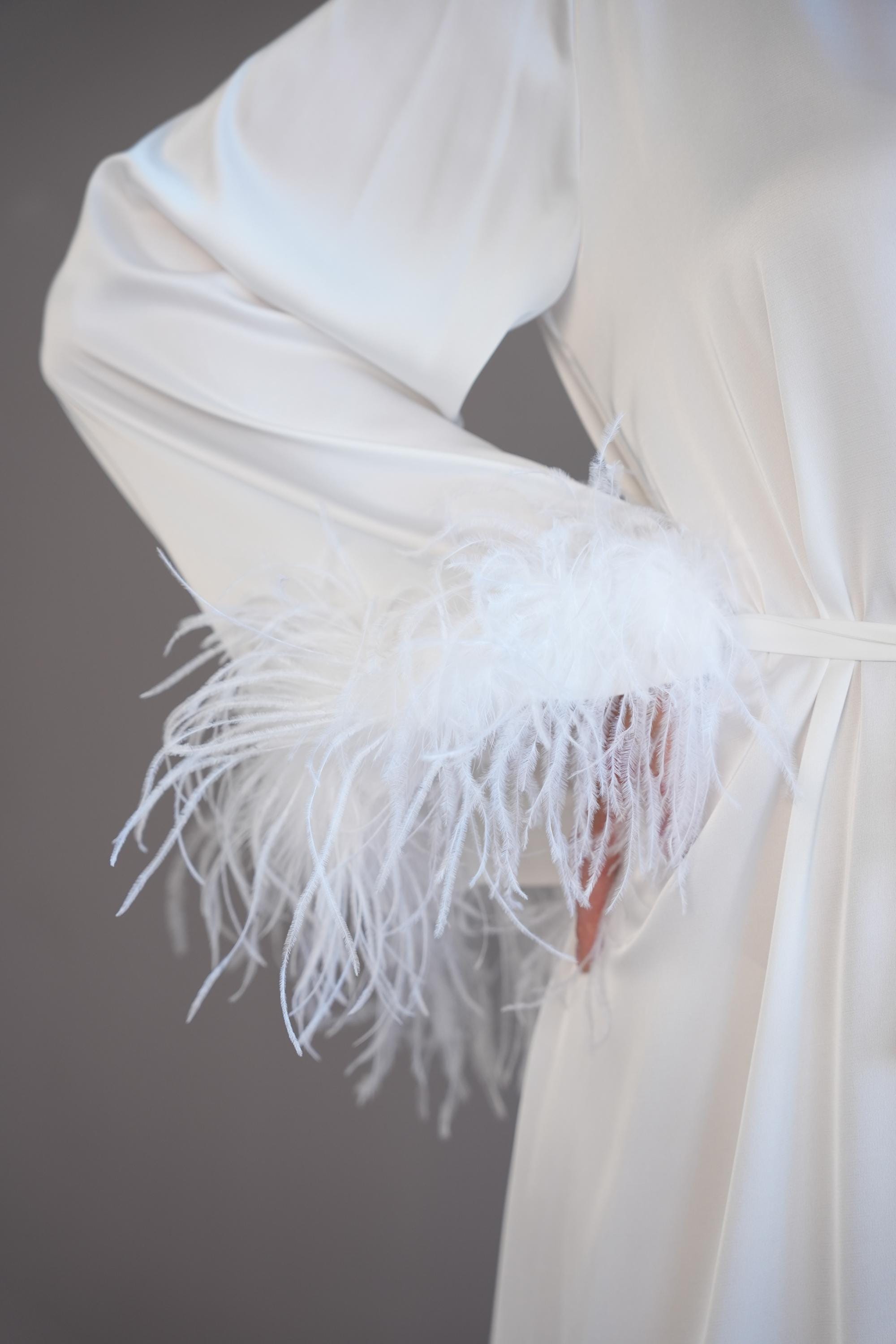 Feathery Robe Bride Robe With Feather White Boudoir Robe Ivory Long Silk Robe Bridal ...