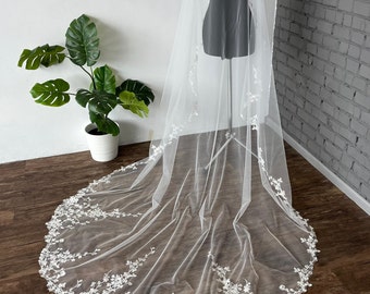 Veil lace cathedral wedding veil lace fingertip length lace veil wedding chapel veil floral lace trim bridal veil lace with flower veils