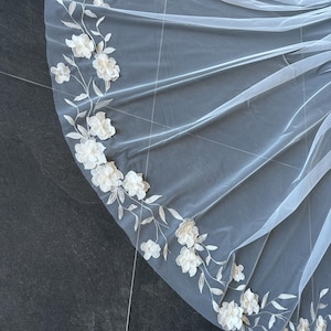 Flower veil embroidery veil leaves lace veil floral veil 3d flowers veil wedding veil long veil lace cathedral veil unique veil hanfmade