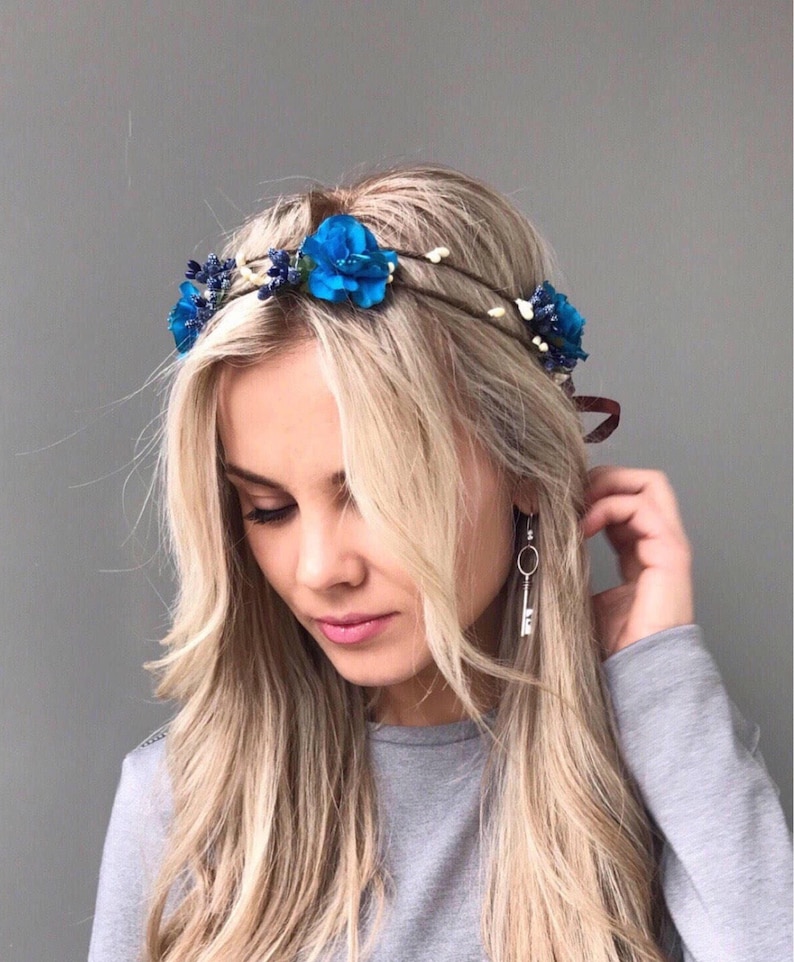 Blue Flower Crown Double headpiece Woodland crown head wreath Wedding Hair Piece Floral Headpiece rustic wedding crown halo floral headband