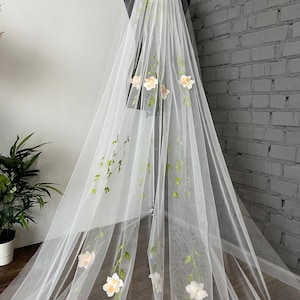 Veil flower veil colored veil one tier long veil with floral embroidery 3d floral veil wedding lace flowers veil cathedral bridal veil royal