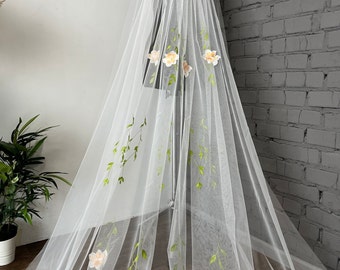 Veil flower veil colored veil one tier long veil with floral embroidery 3d floral veil wedding lace flowers veil cathedral bridal veil royal