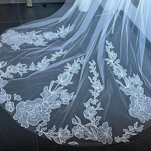 Catherdal wedding veil lace wedding veil flower lace trim lace veil modern veil ivory bridal veil single tier veil unique veil one layer