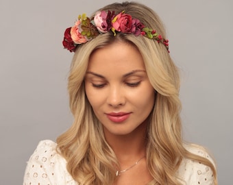 Corona de flores color burdeos, diadema floral, corona para el cabello de novia