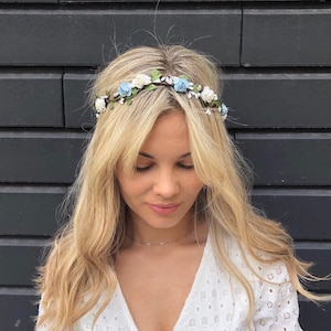 White blue flower crown wedding flower crown adult simple flower hair accessories wedding floral headpiece bridal flower halo leaf headband