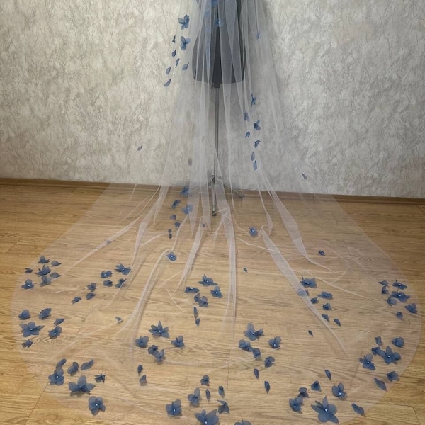 Veil blue flowers veil wedding veil floral 3D flower veil cathedral veil bridal veil floral long veil floral veil wedding flower veil chapel