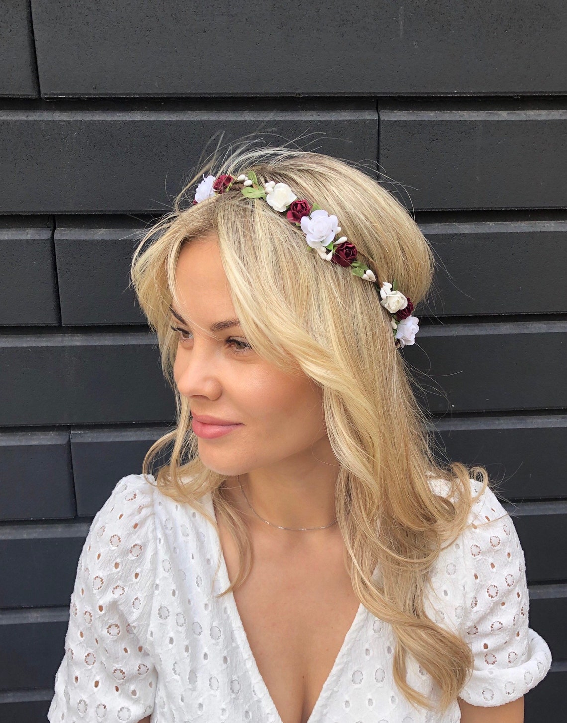 White Burgundy Flower Crown Adult Flower Headband Floral Head Etsy