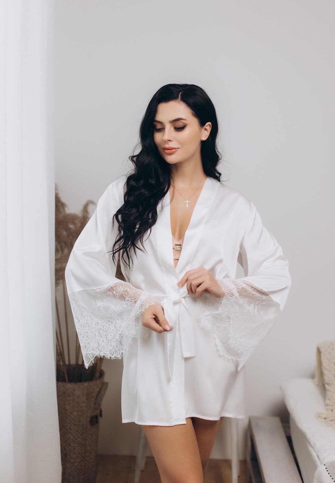 Bridal Silk Robe With Sleeves White Robe Lace Ivory Bride Robe Short