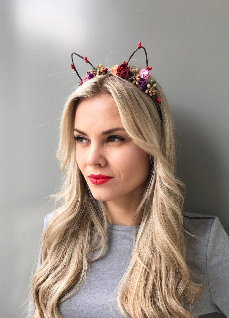 Cat Ears Crown Floral Cat Ear Headband Kitty Ears Flowers Cat Etsy