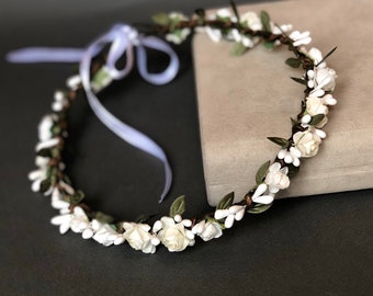 White Flower Crown, Wedding Headband with small paper florals